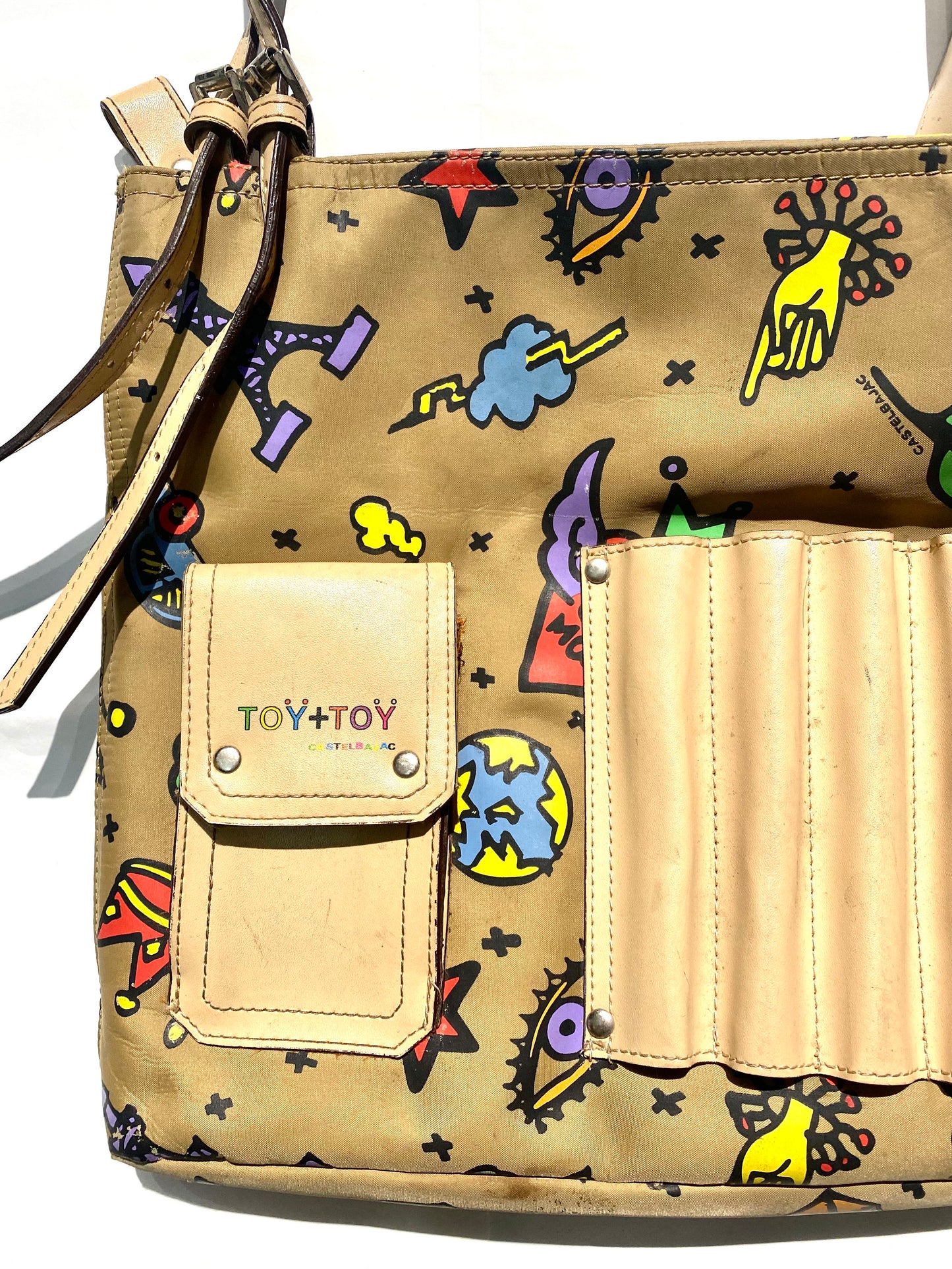 J.L.Castelbajac beige canvas-leather shoulder bag w pop-art comics print allover, great condition