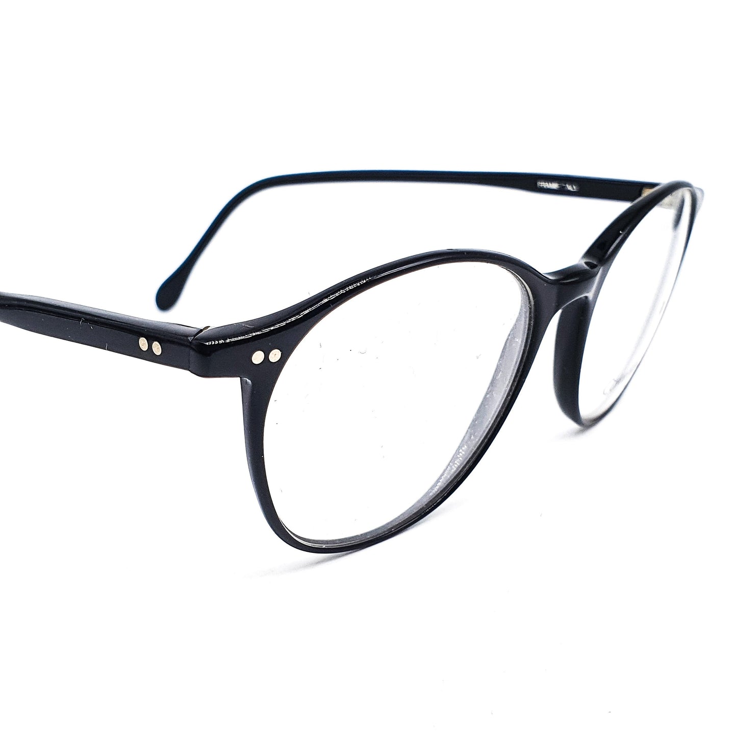 Calvin Klein CK620 round black glossy cellulose acetate eyeglasses frames with classic rivets details NOS 90s Italy