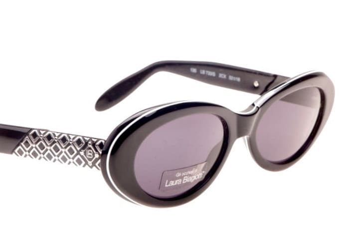 Laura Biagiotti black oval ladies sunglasses w gorgeous carved silver metal inserts, NOS 90s Italy