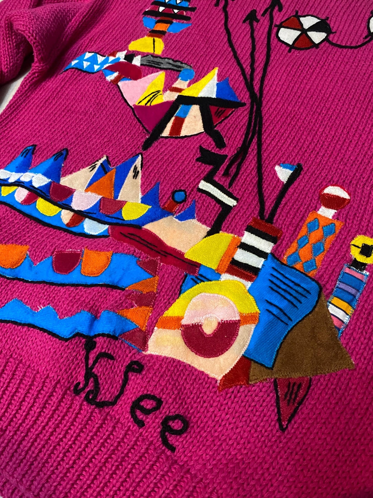 Reprise Paul Klee tribute cotton knit jumper w hand made embroidery, new with tags 80s NOS