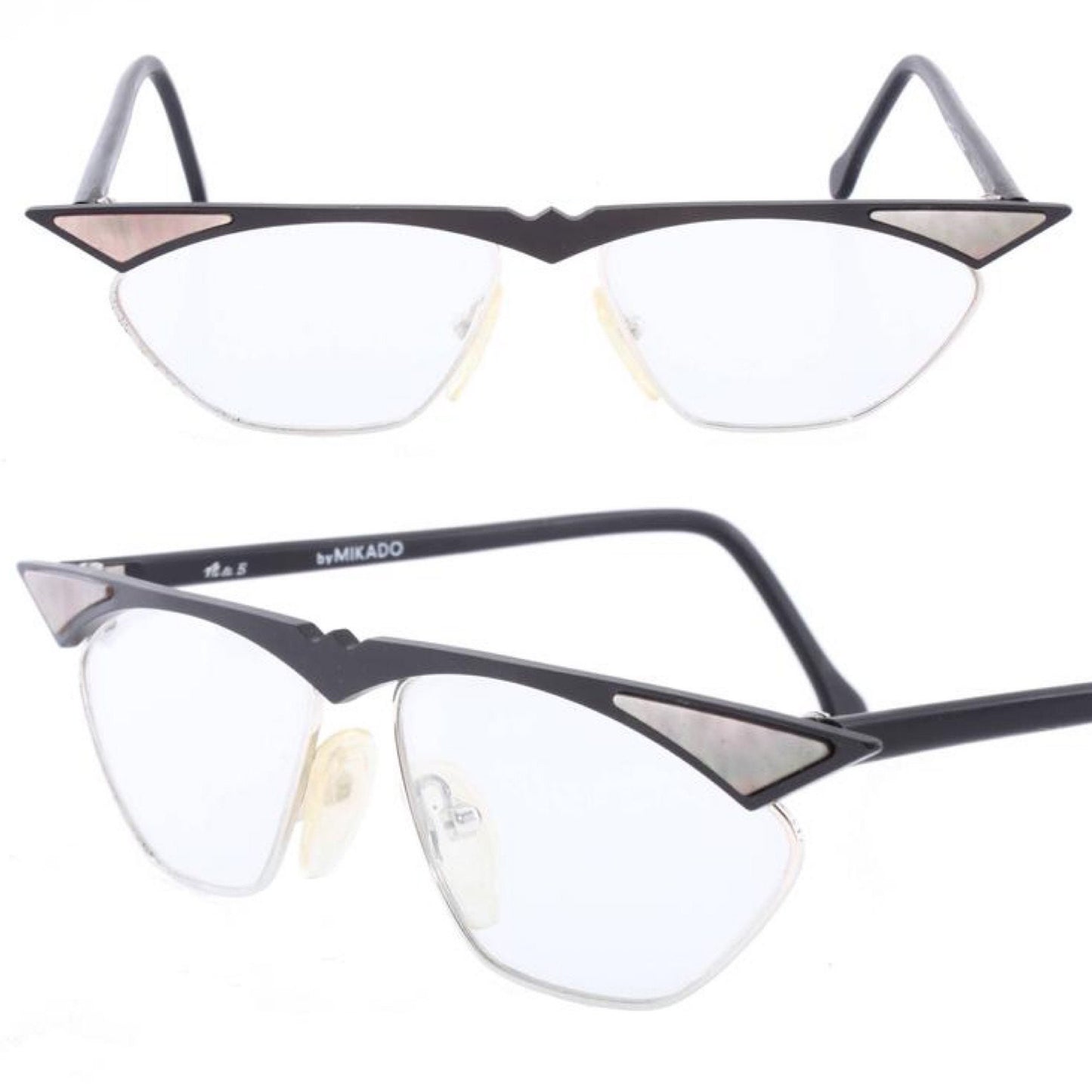 MIKADO modernist cateye frames in matt black metal w pointed brows & pearl inserts, Germany NOS 80s