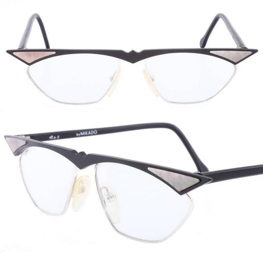 MIKADO modernist cateye frames in matt black metal w pointed brows & pearl inserts, Germany NOS 80s