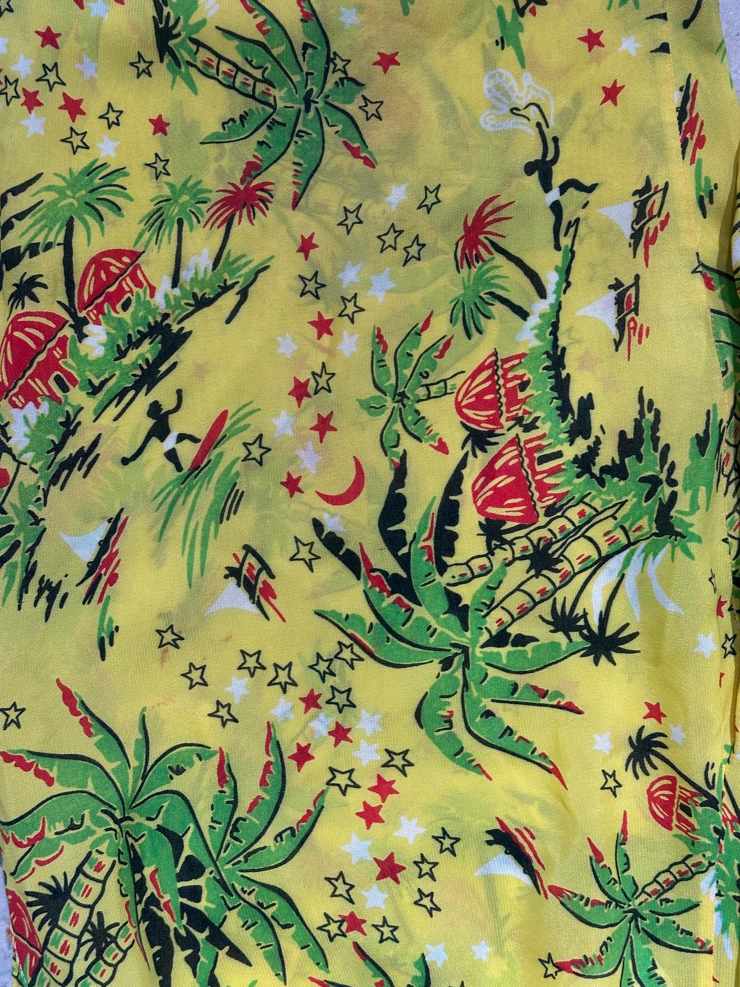 Fiorucci cool yellow Aloha beach trousers w Palms, surfers and stars/moon allover, Italy 80s