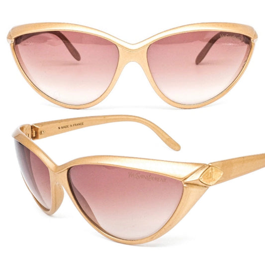 YSL Saint Laurent 8595 matt gold metallic cateye sunglasses with brown degrade lenses, 80s nos France