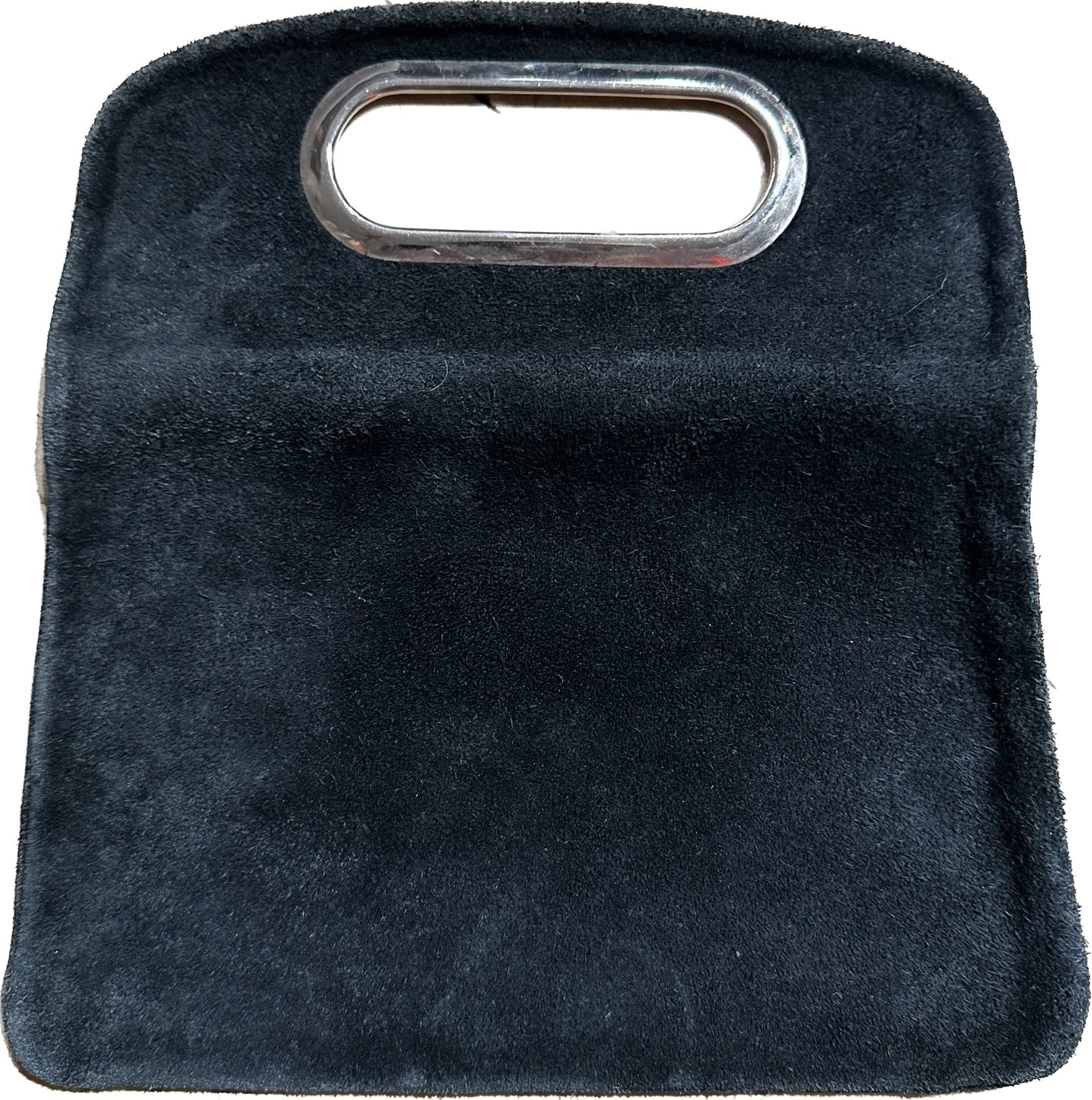 Minimal 60s mod suede pouch with cutoff silver handle and zipper closure, mint