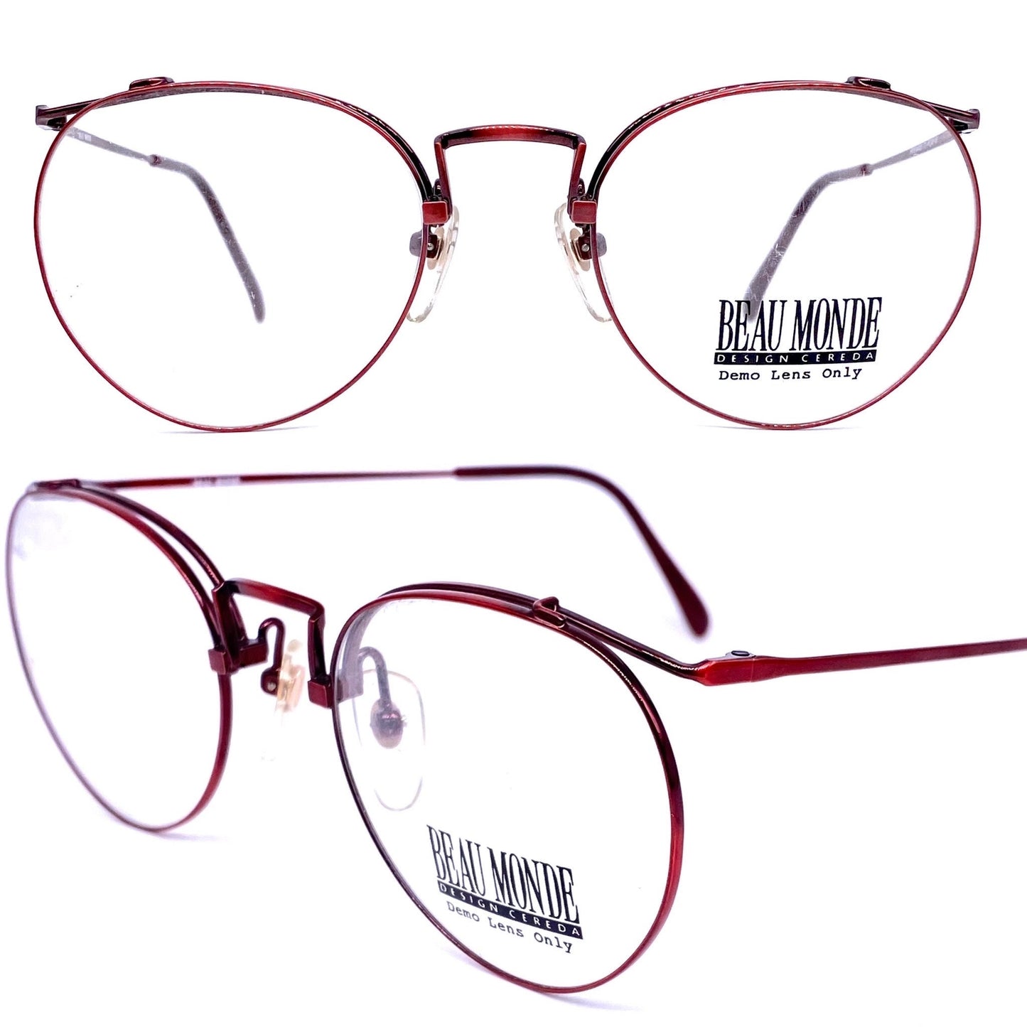 Beau Monde Brentwood round - pantos red metallized eyeglasses frames , NOS 80s