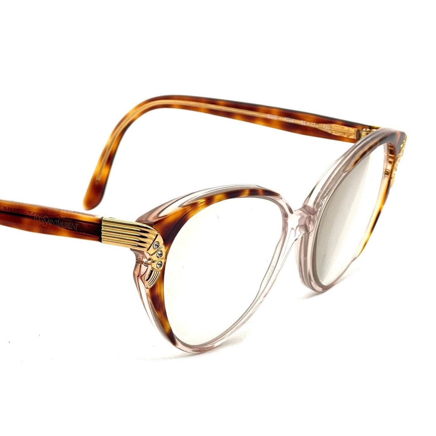 Yves Saint Laurent 5005 brown tortoise acetate cateye eyeglasses with gold details and rhinestones YSL NoS