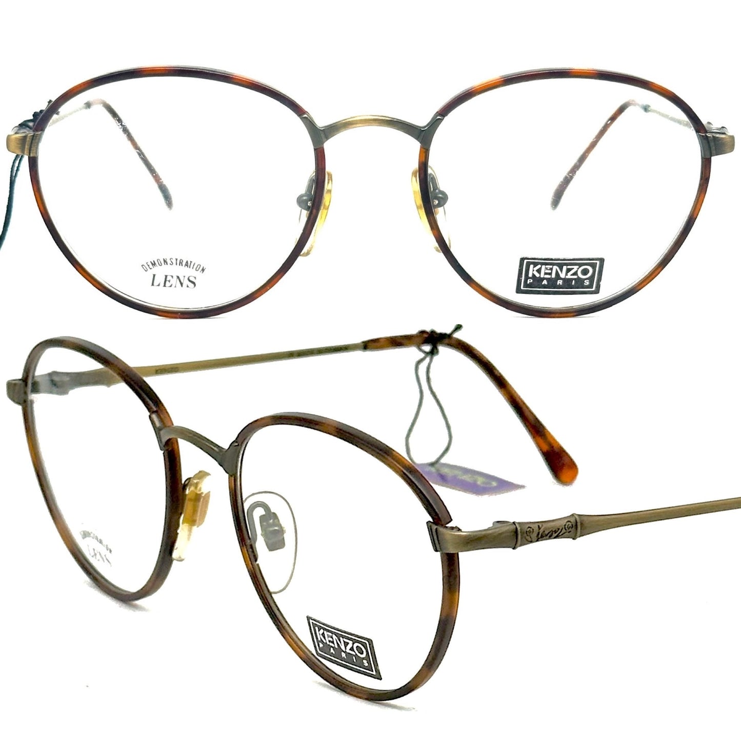 Kenzo Madake K172 elegant Panto antique brass / tortoise eyeglasses frames, windsor style hand made France, 80s NoS