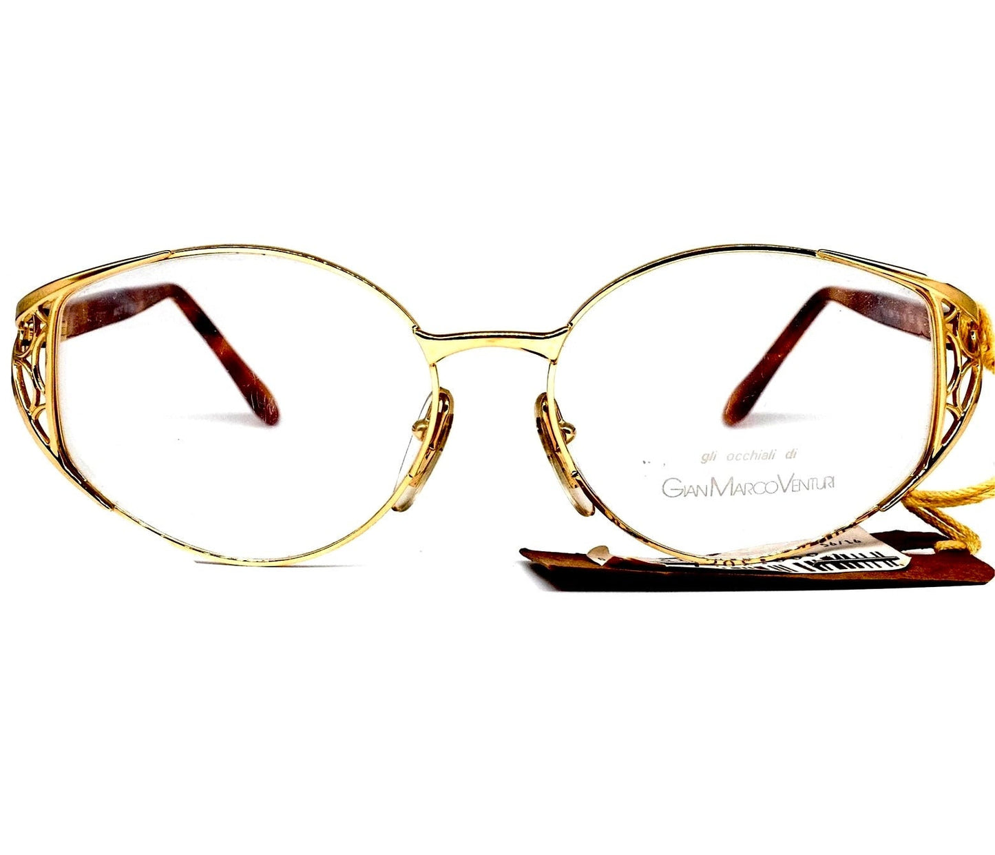 Gian Marco Venturi 034 golden metallic oval eyeglasses frames made in Italy with cut off designed hinges, NOS 1990s