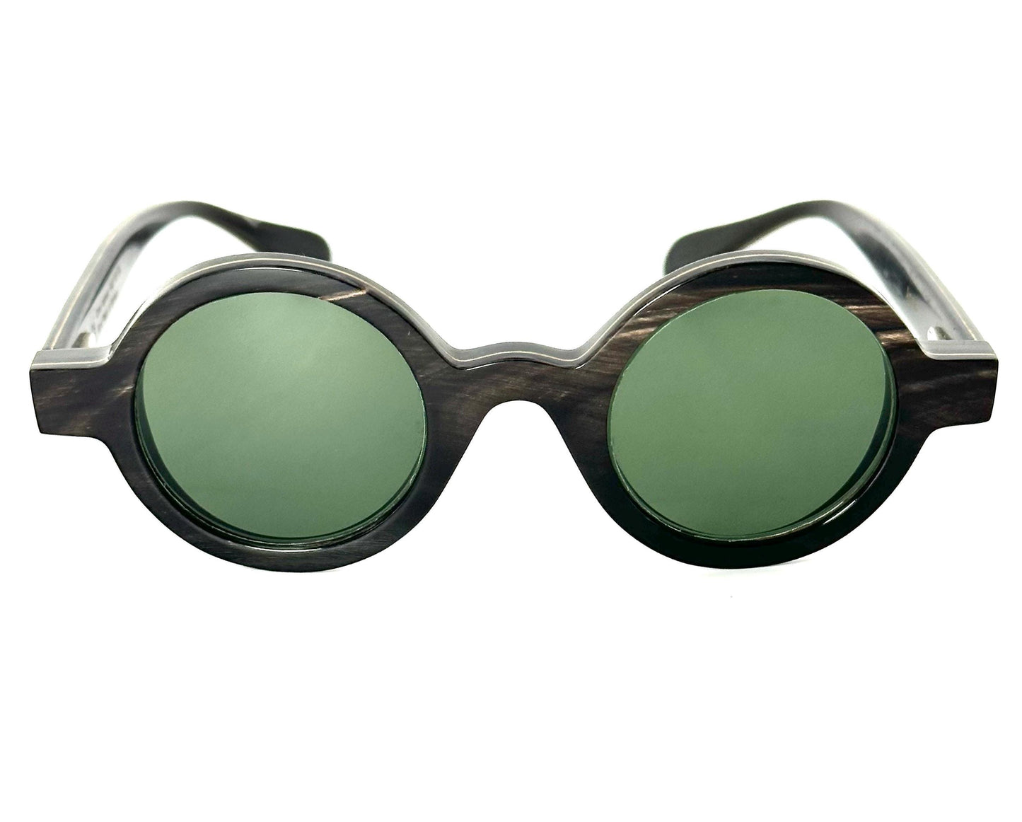 Hoffmann Amalia hand made round buffalo horn sunglasses fitted w green antiglare lenses mint