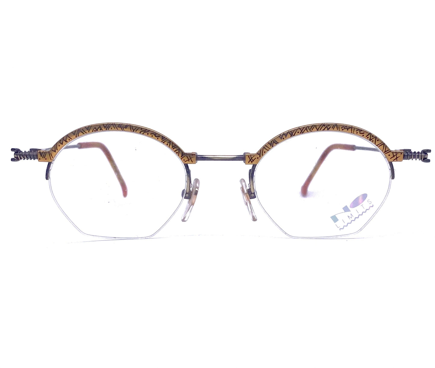 No Limits 8345 oval steampunk half rim eyeglasses w- abstract printed rims and active spring hinges, NOS 80s
