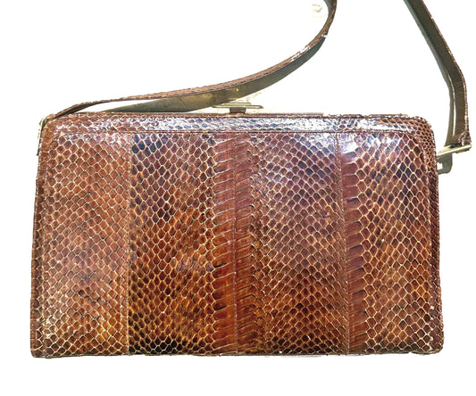 1970s artisanal snake leather shoulder bag, brown phyton skin evening pouch bag w/ golden brass framing, NOS 70s.
