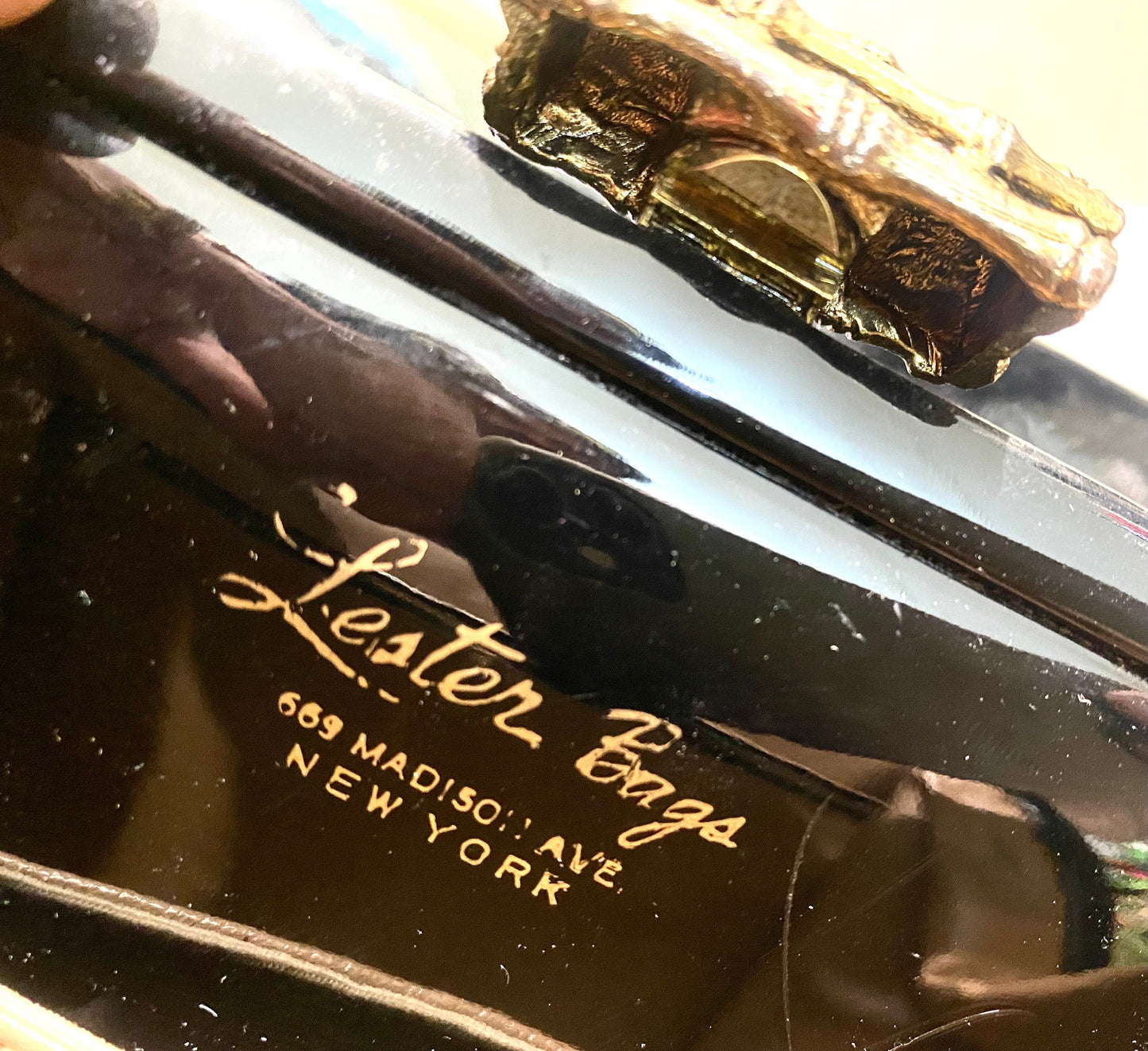 Lester Bag NY 50s black patent bag w sculpted brass closure and black/gold chain, great condition, gorgeous