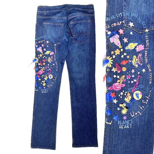 Iceberg Jeans fancy embroidered & printed planets / space jeans sz 29, NOS