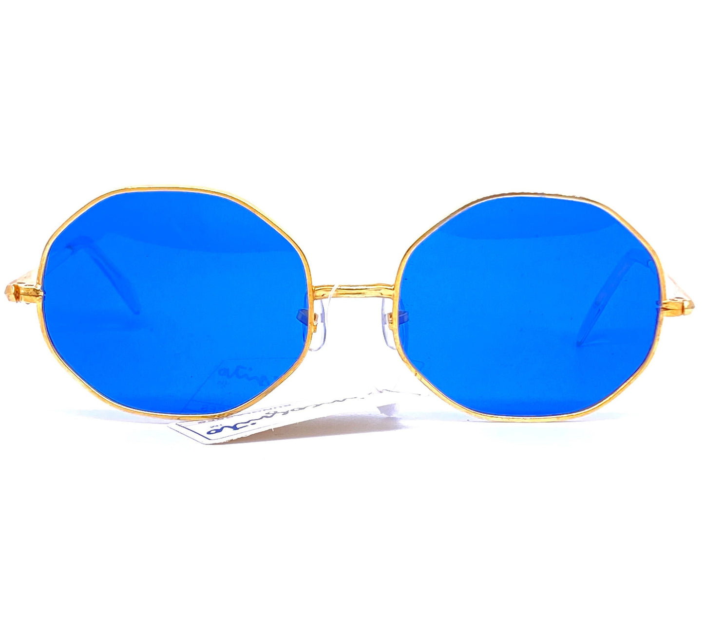 Incognito oversize octagonal sunglasses in golden metal w blue crystal lenses, NOs 70s Japan