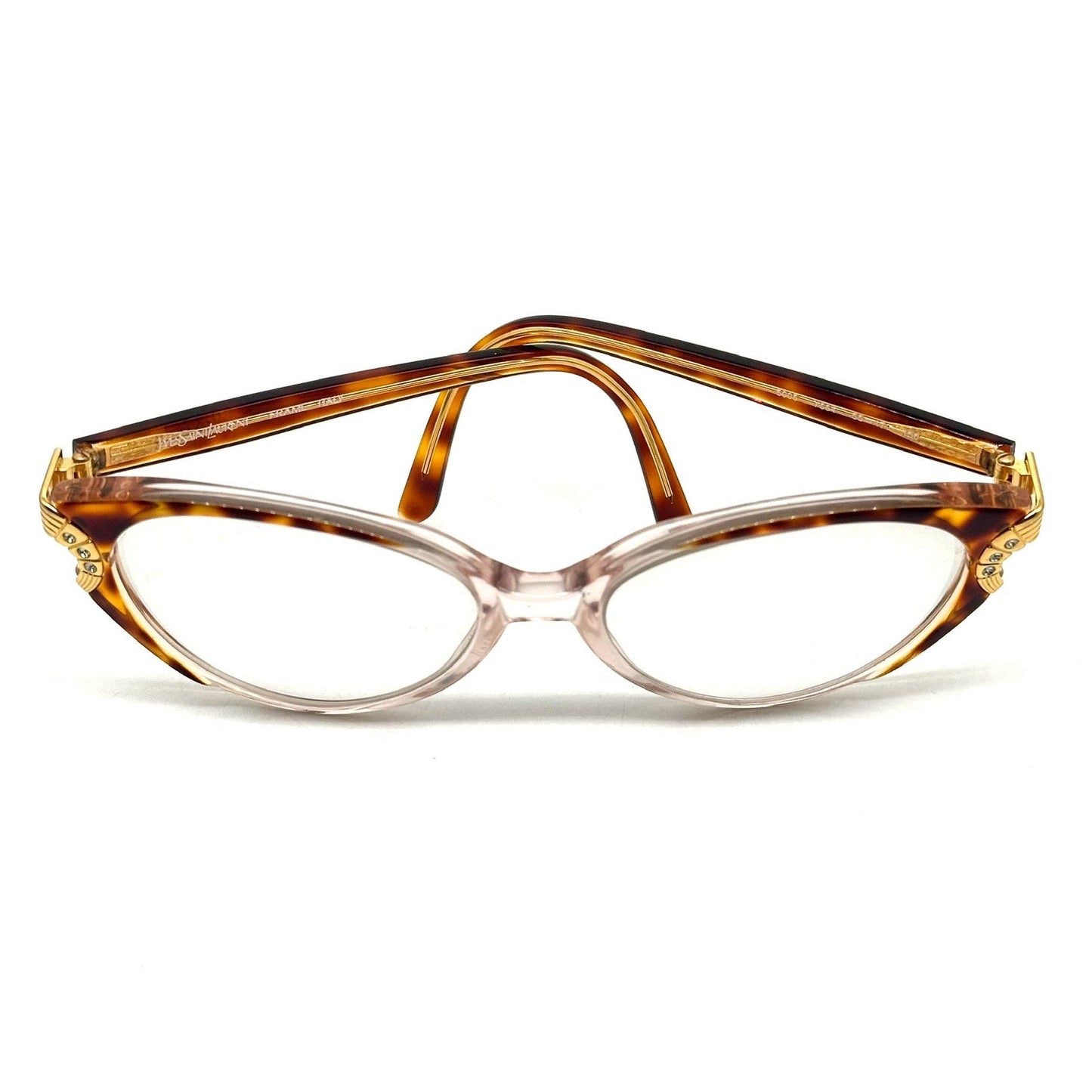 Yves Saint Laurent 5005 brown tortoise acetate cateye eyeglasses with gold details and rhinestones YSL NoS