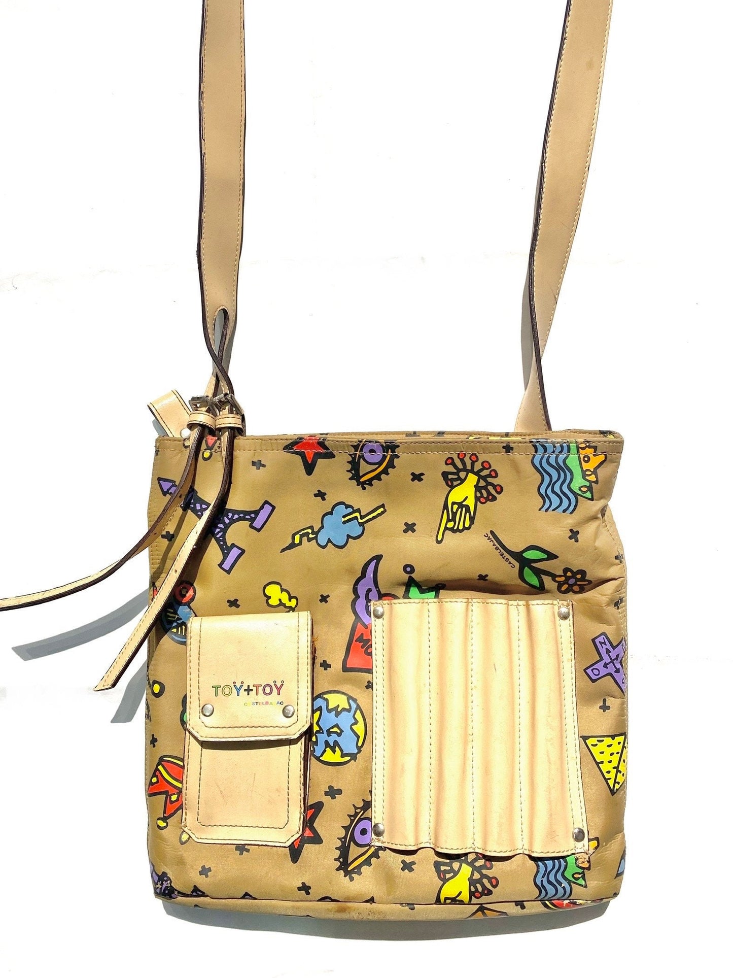 J.L.Castelbajac beige canvas-leather shoulder bag w pop-art comics print allover, great condition