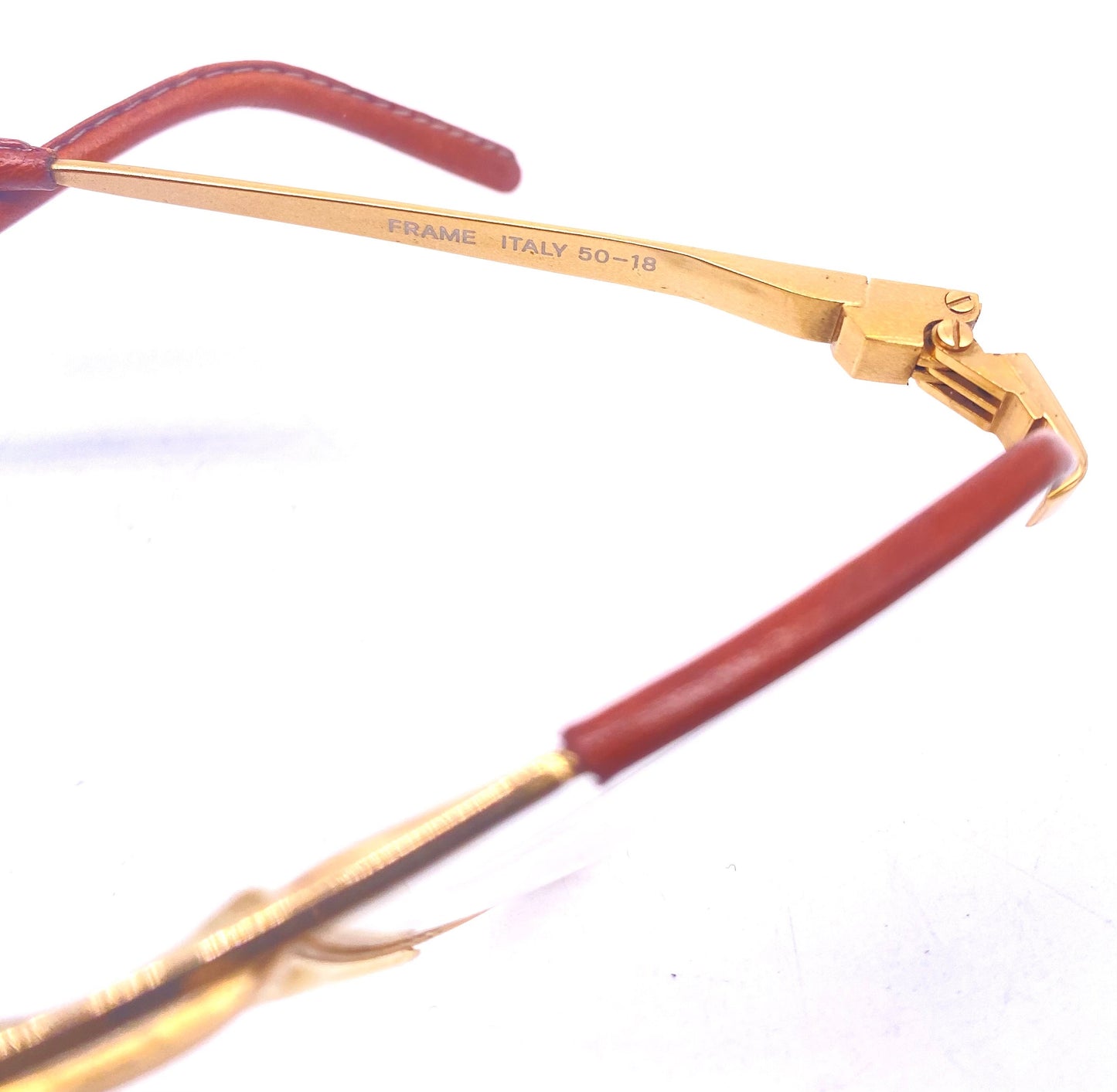 Filos dbl bridge square golden metal aviator frames with leather inserts, NOS 80s hand made in Italy
