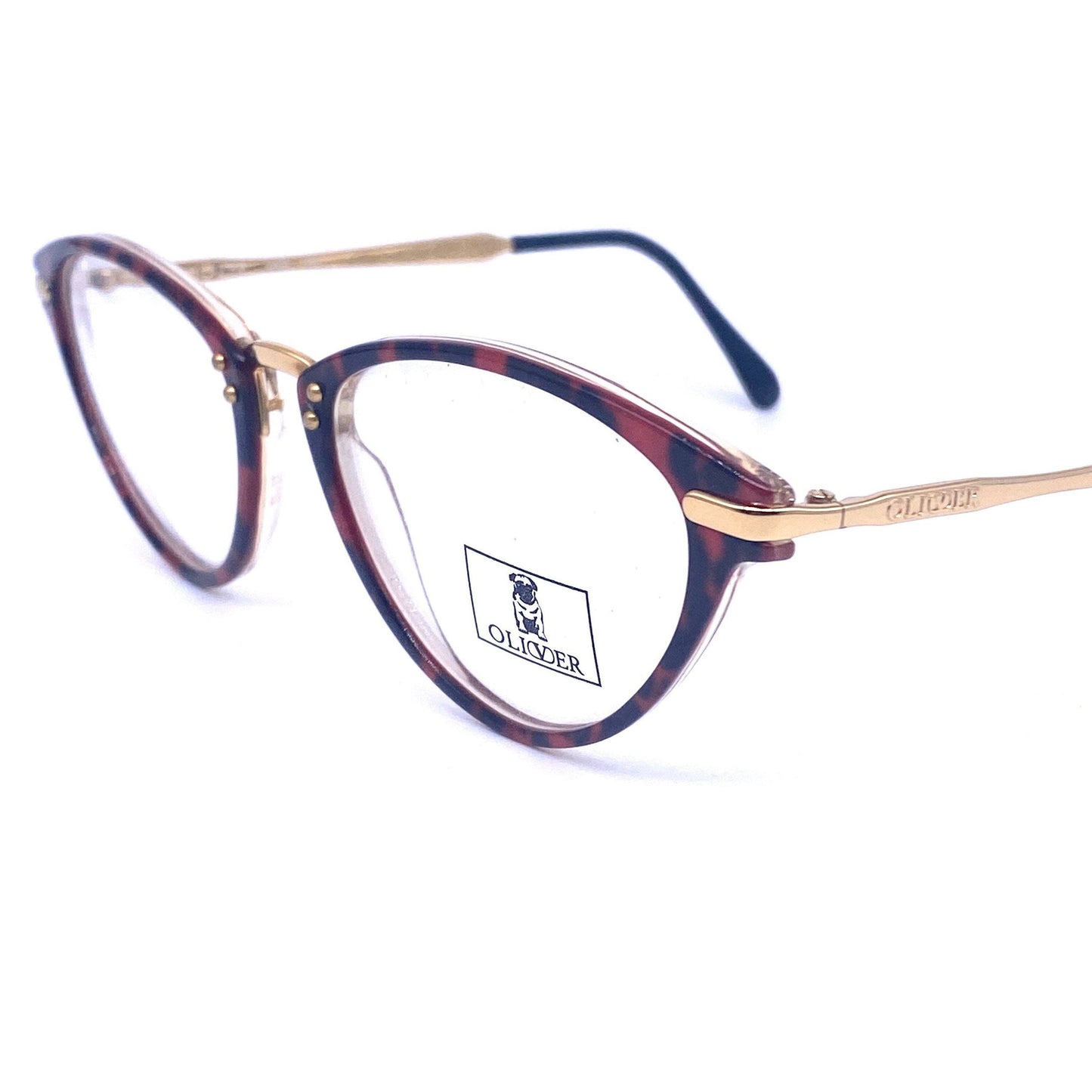 Oliver by Valentino red marbled cateye frames w golden metal temples - hinges, NoS '80 Italy