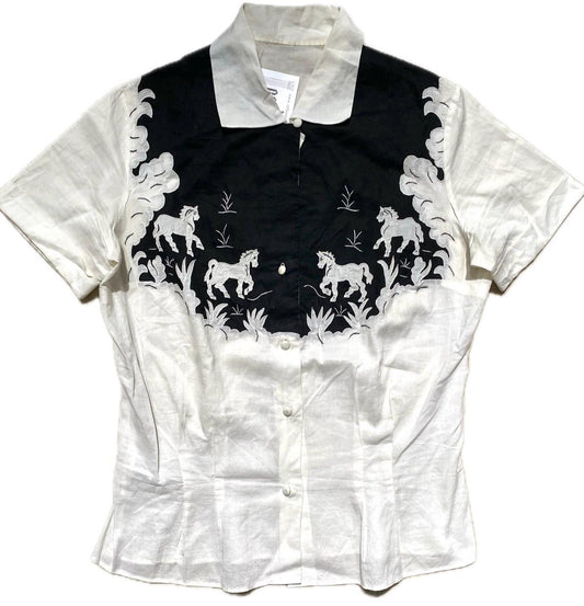 1950s tailor hand-crafted & embroidered rodeo horses and clouds black white cotton blouse, incredible one of a kind pc sz S
