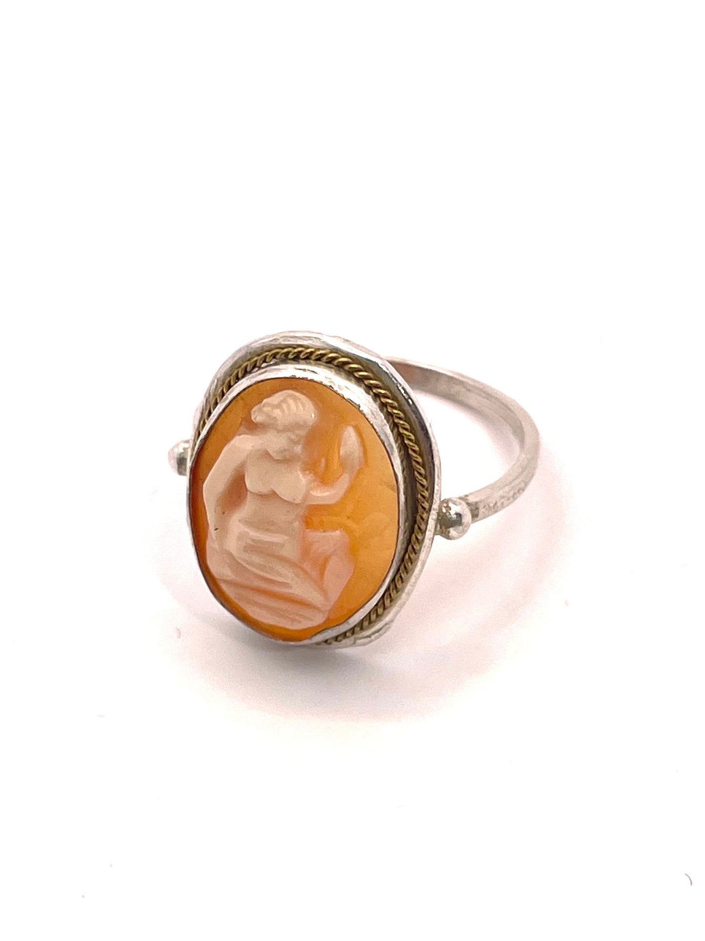 Antique Silver cameo ring w hand carved coral - Shell female figure / Greek Goddess, New from deadsrock