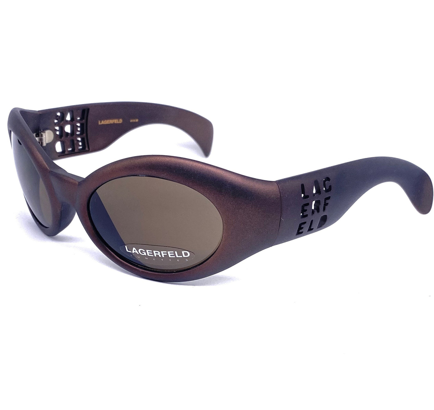 Lagerfeld 4114 oversized bug-eye copper cello sunglasses w cutoff logo, made France 90s NOS