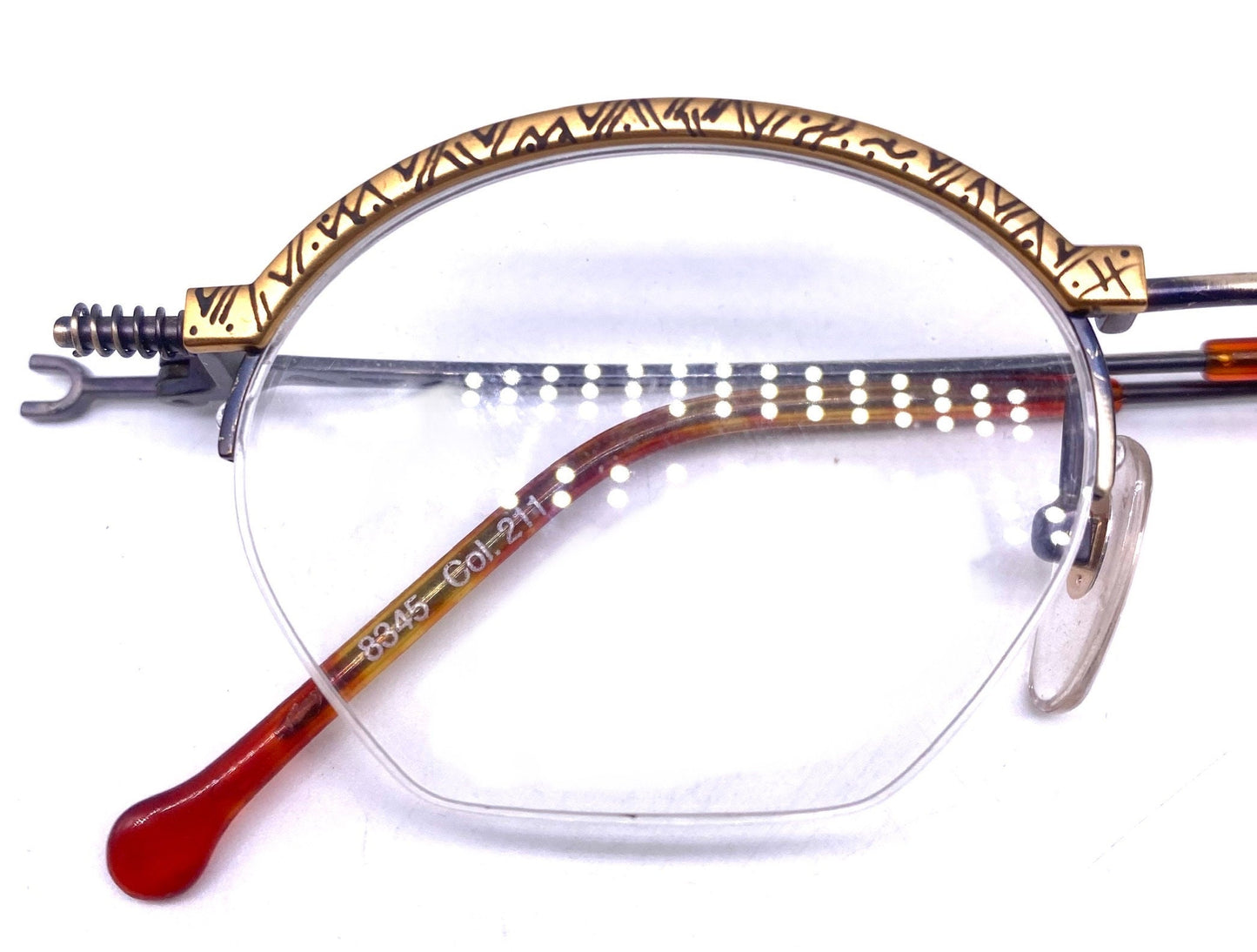 No Limits 8345 oval steampunk half rim eyeglasses w- abstract printed rims and active spring hinges, NOS 80s