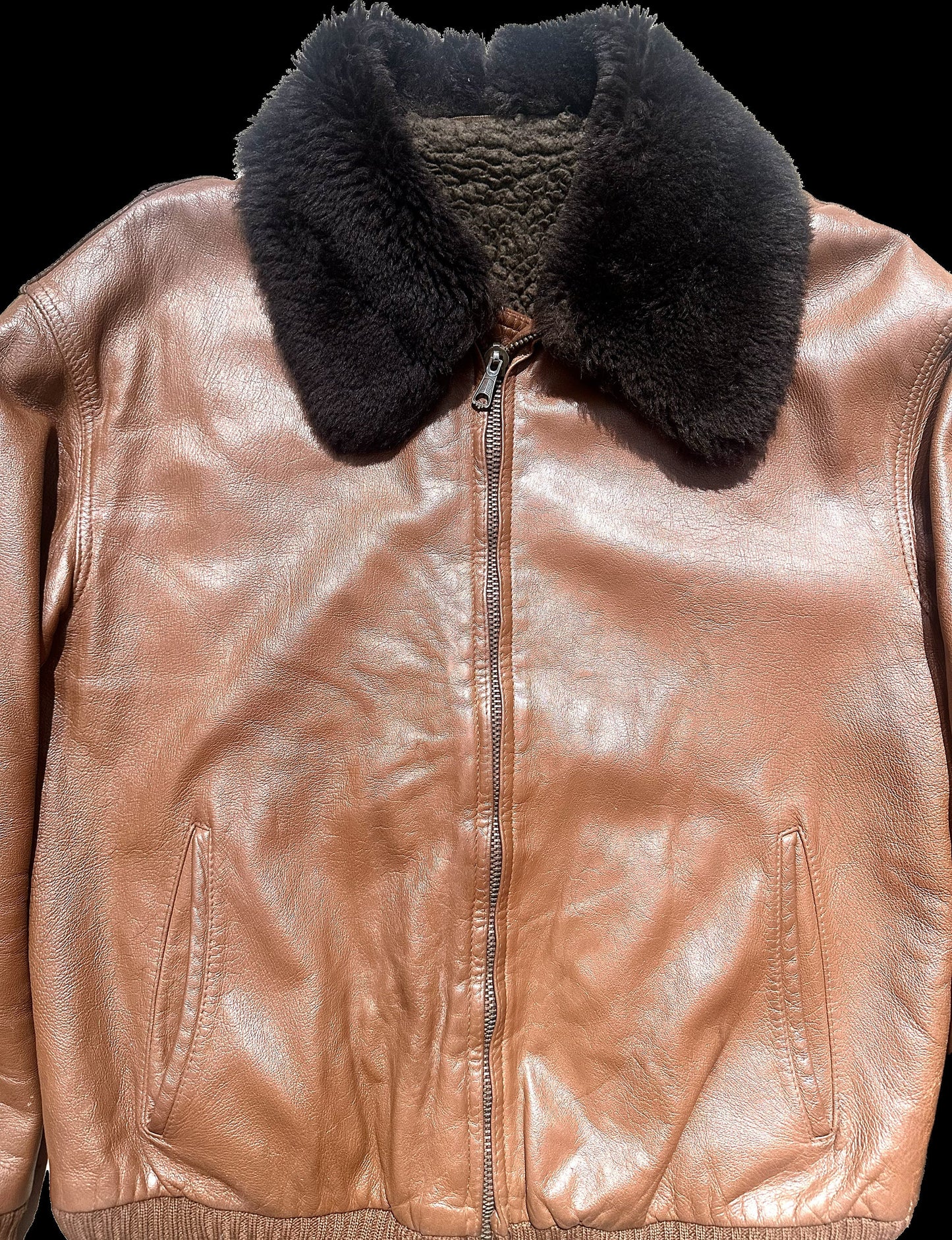 Tan leather flight style bomber jacket w/ faux fur lining & collar, mint condition sz 48
