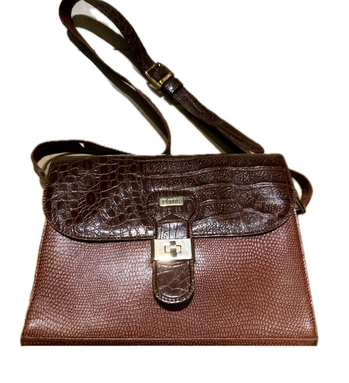 Gianfranco Ferré 90s brown leather alligator print leather crossbody bag W golden hardware, mint