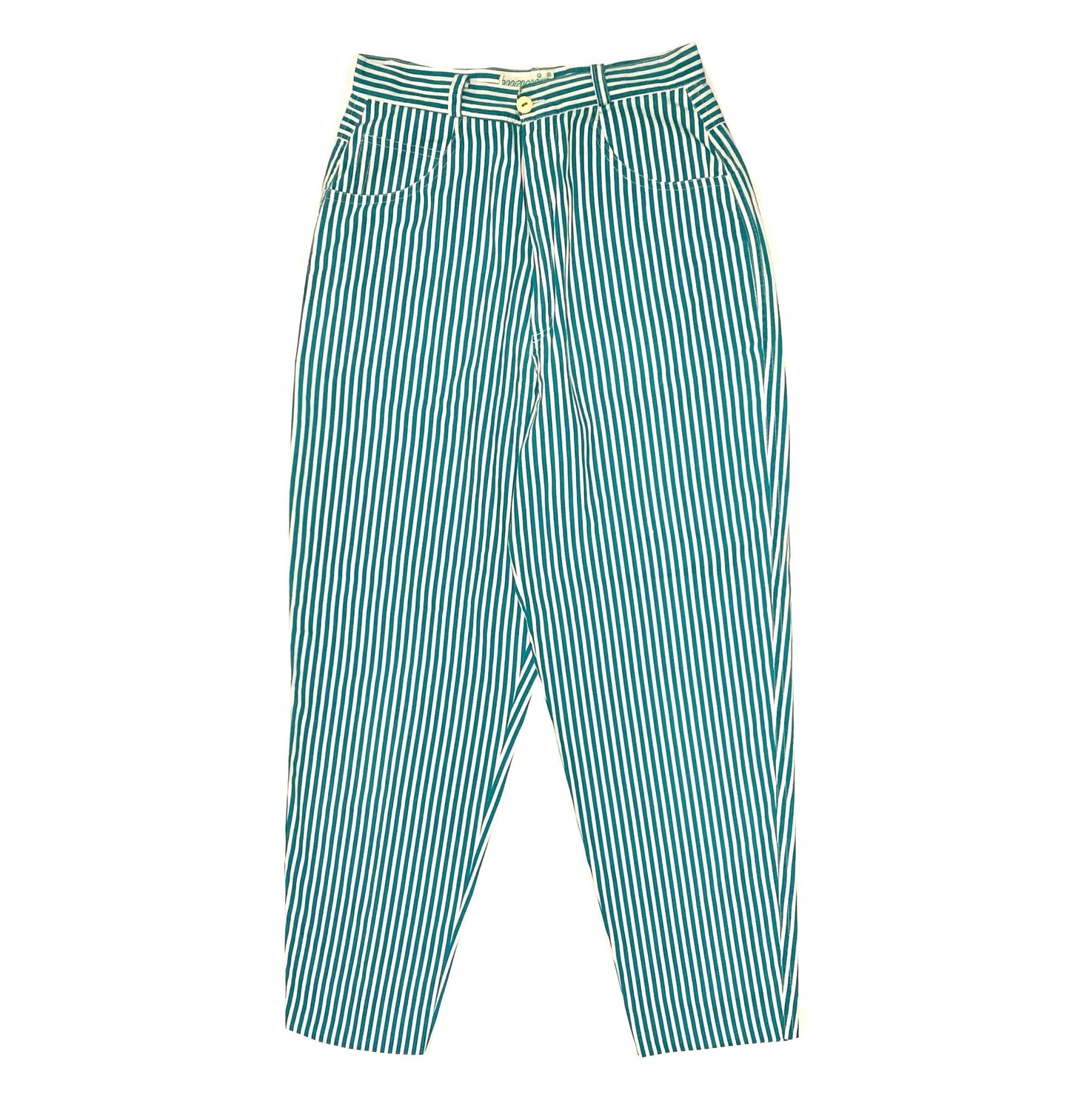 Mania preppy white/green striped trousers w elephant embroidered, sz 28/ 42 ita NOS 80s Italy