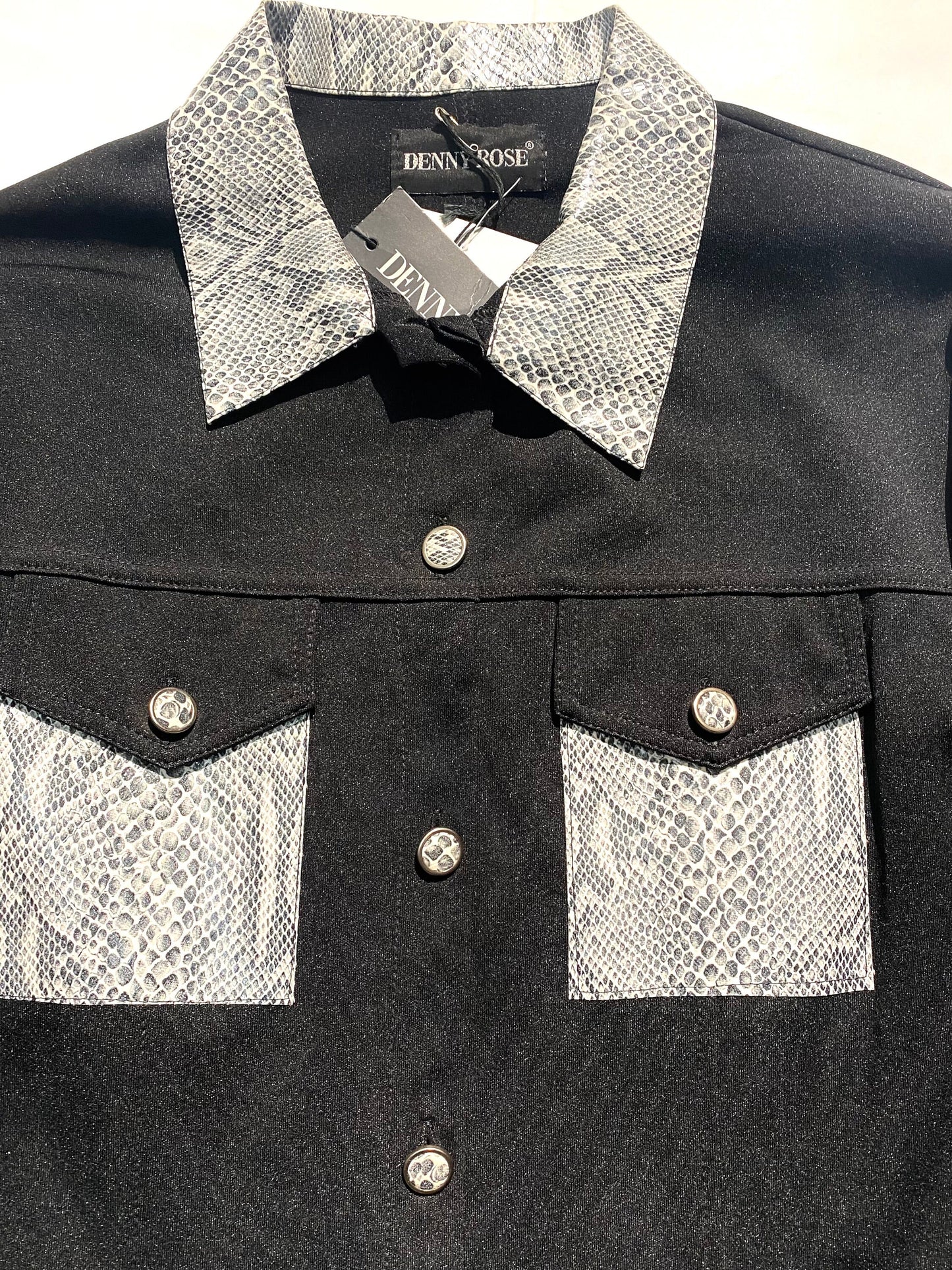 Denny Rose western style black blouse w snake print leather inserts, NOS 90s