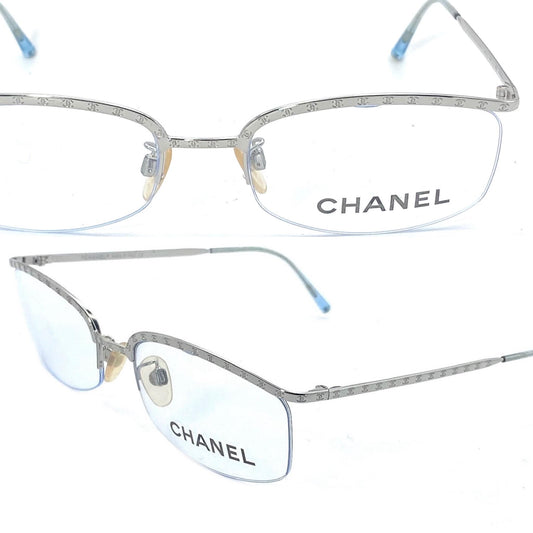 Chanel modernist half rim silver glasses w CC logo carved allover, NOS early Y2K mint