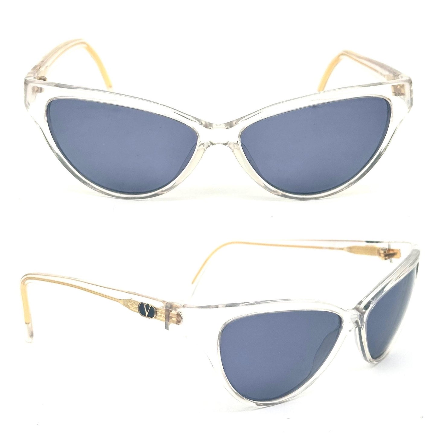 Valentino V606 modern cateye sunglasses in clear cello Golden V logo detail, NOS 90s.