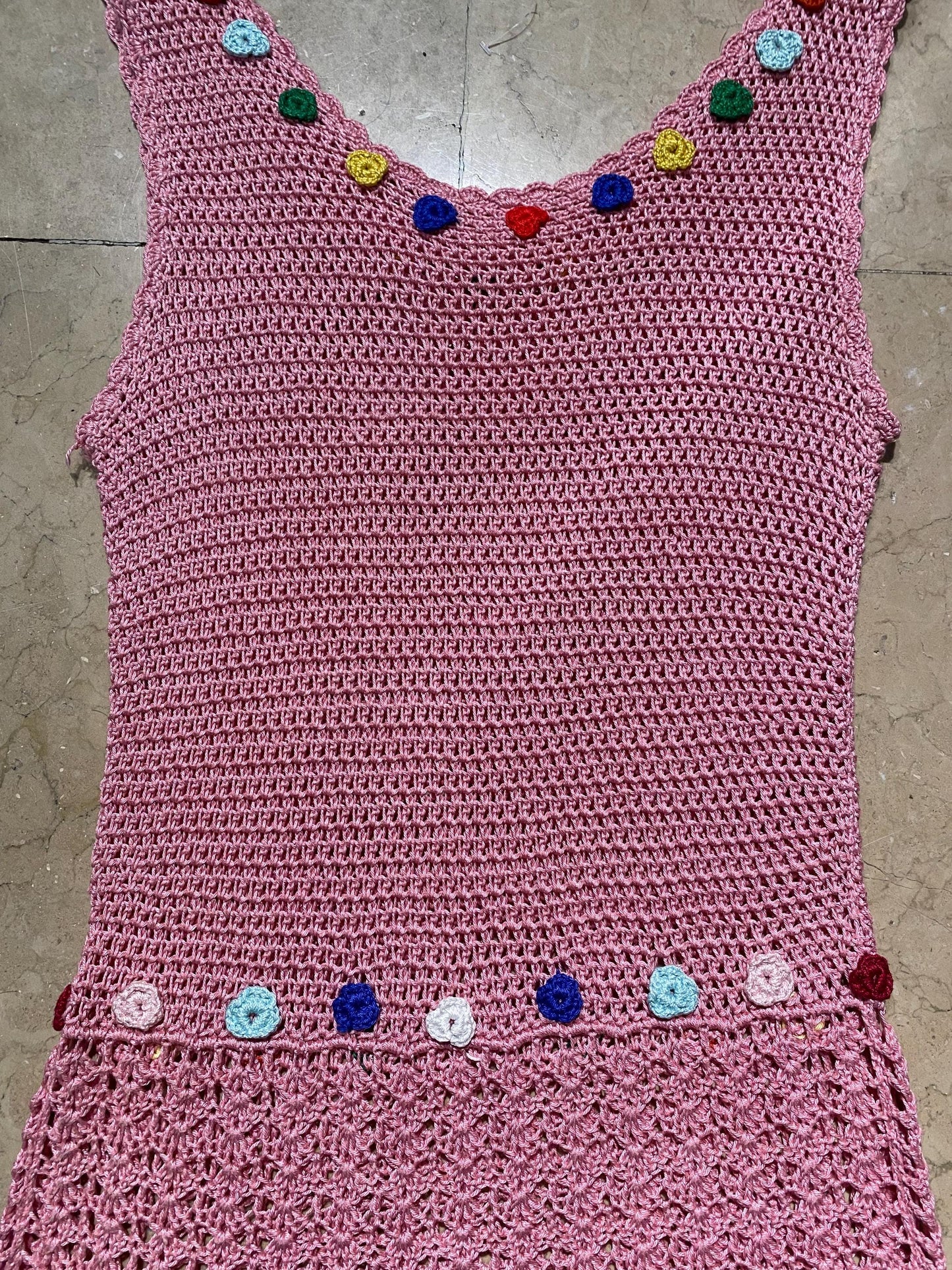 Cutest 1of1 hand knit pink cotton crochet dress w embroidered flowers, mint