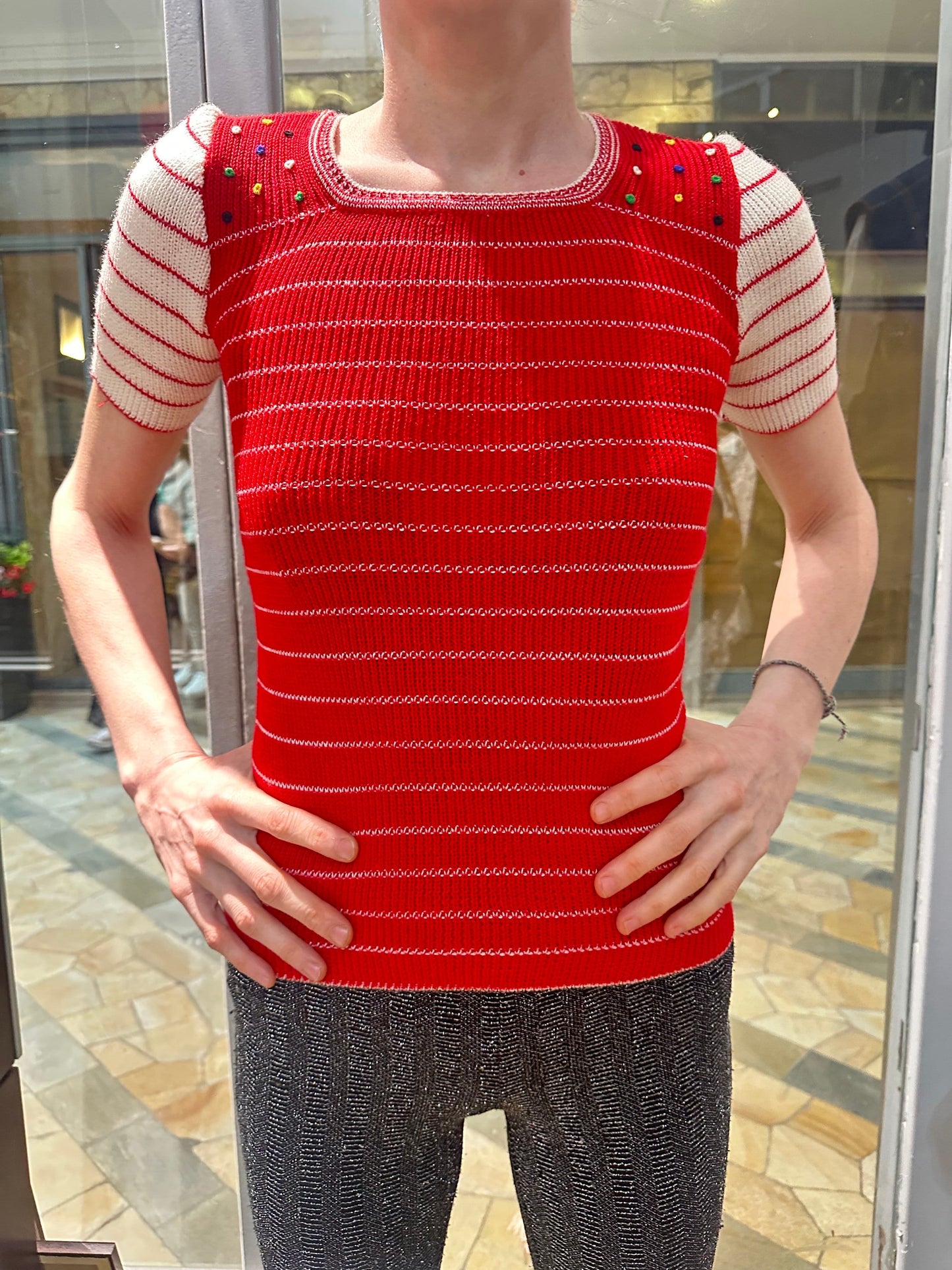 MmaBéne 1970s preppy red/white striped wool knit short sleeved ladies jumper, BNWT
