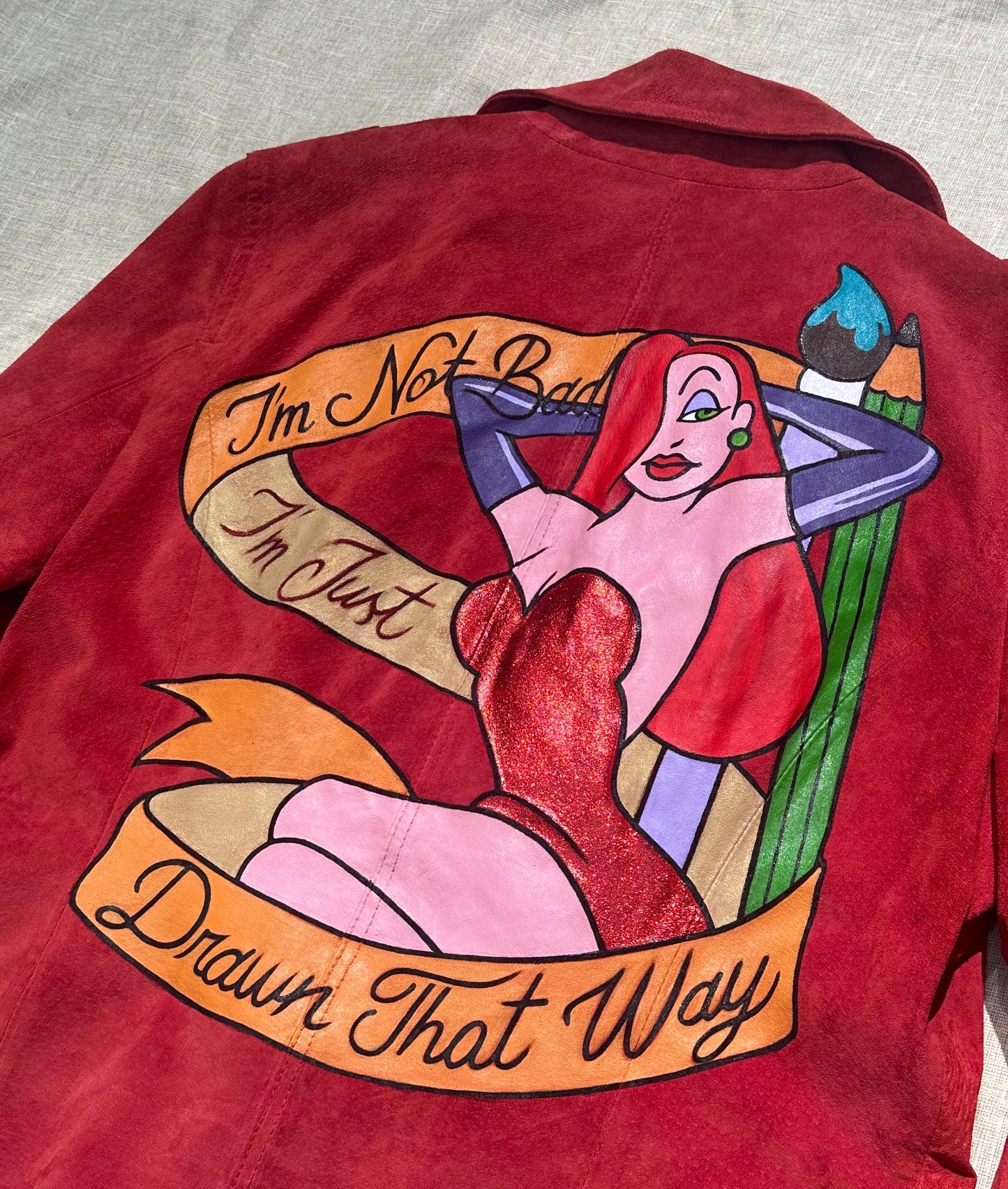 Jessica Rabbit custom painted upcycled vintage jacket for woman, hand paint disney garment design
