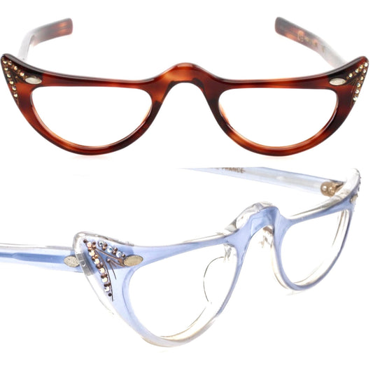 Agnes 1950s reading glasses, half moon shaped celluloid frames in tortoise or blue adorned by rhinestones, France NOS