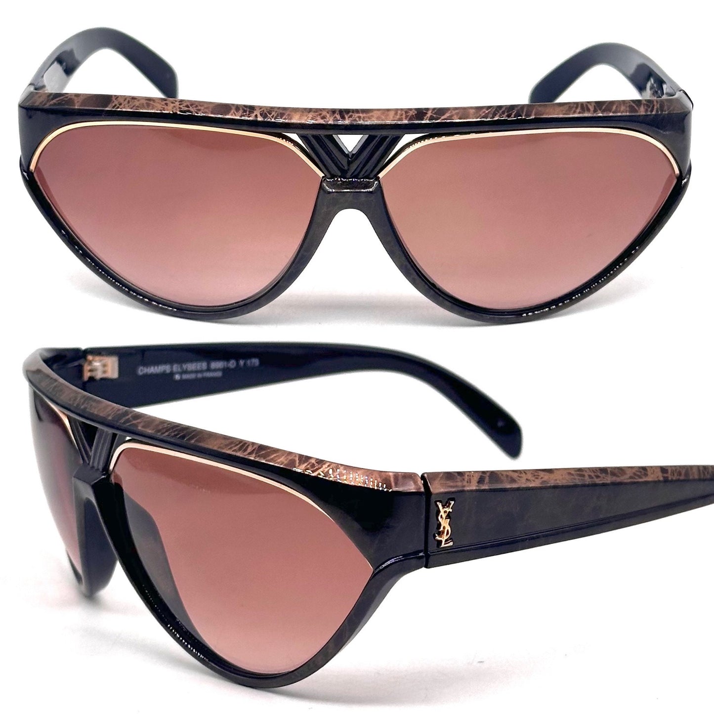 YSL Saint Laurent Champ Elysees collectible wrap sunglasses black/gold marbles texture, NOs 80s
