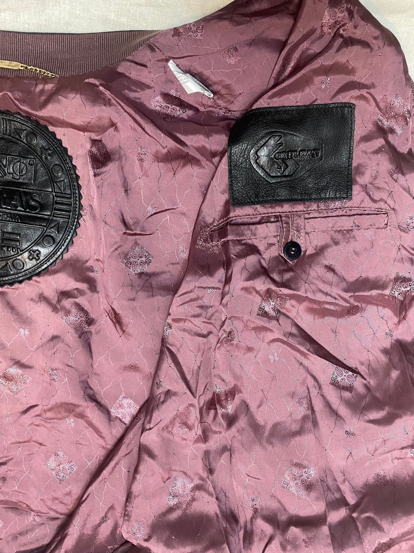 Torras pale purple bomber jacket in suede leather & linen canvas , 90s hand made in Spain, Mint