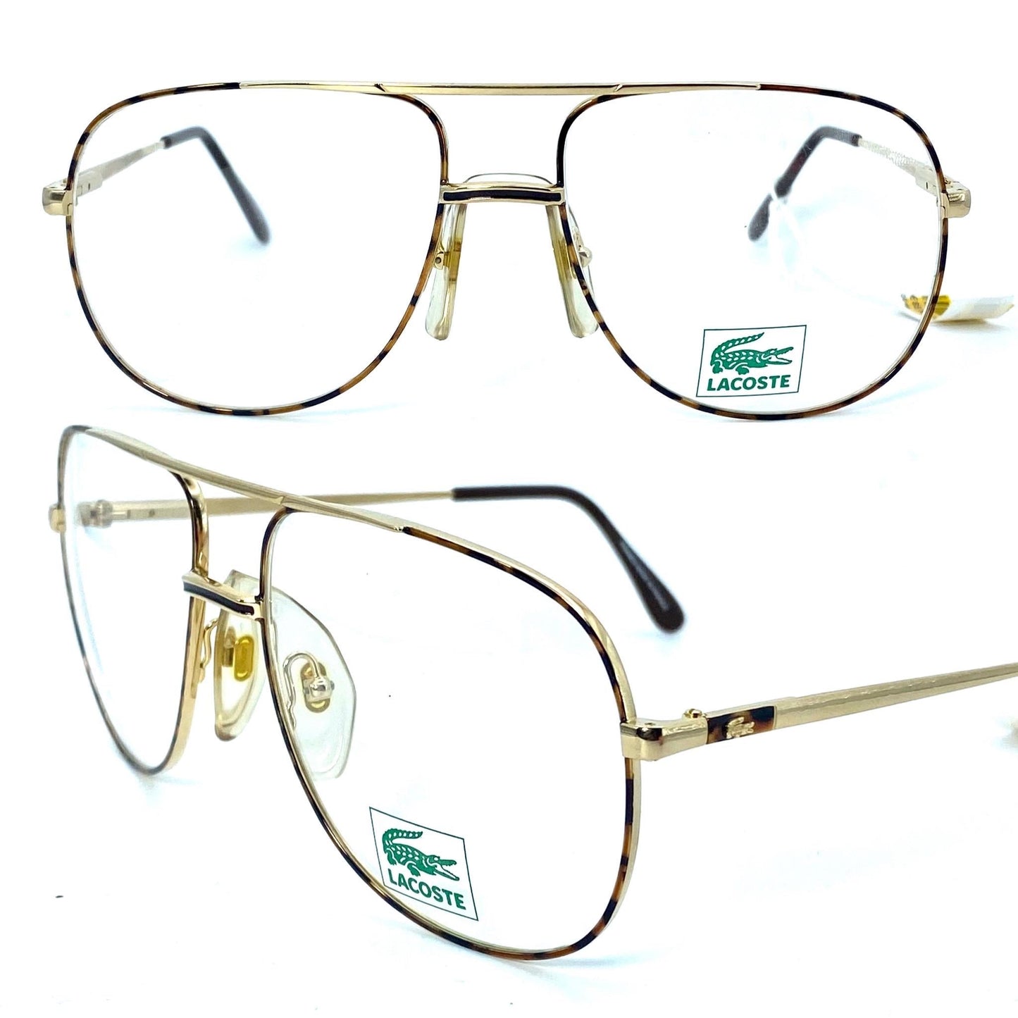 Lacoste dbl bridge golden metal aviator frames w tortoise enameled details, NOS 80s Lamy France