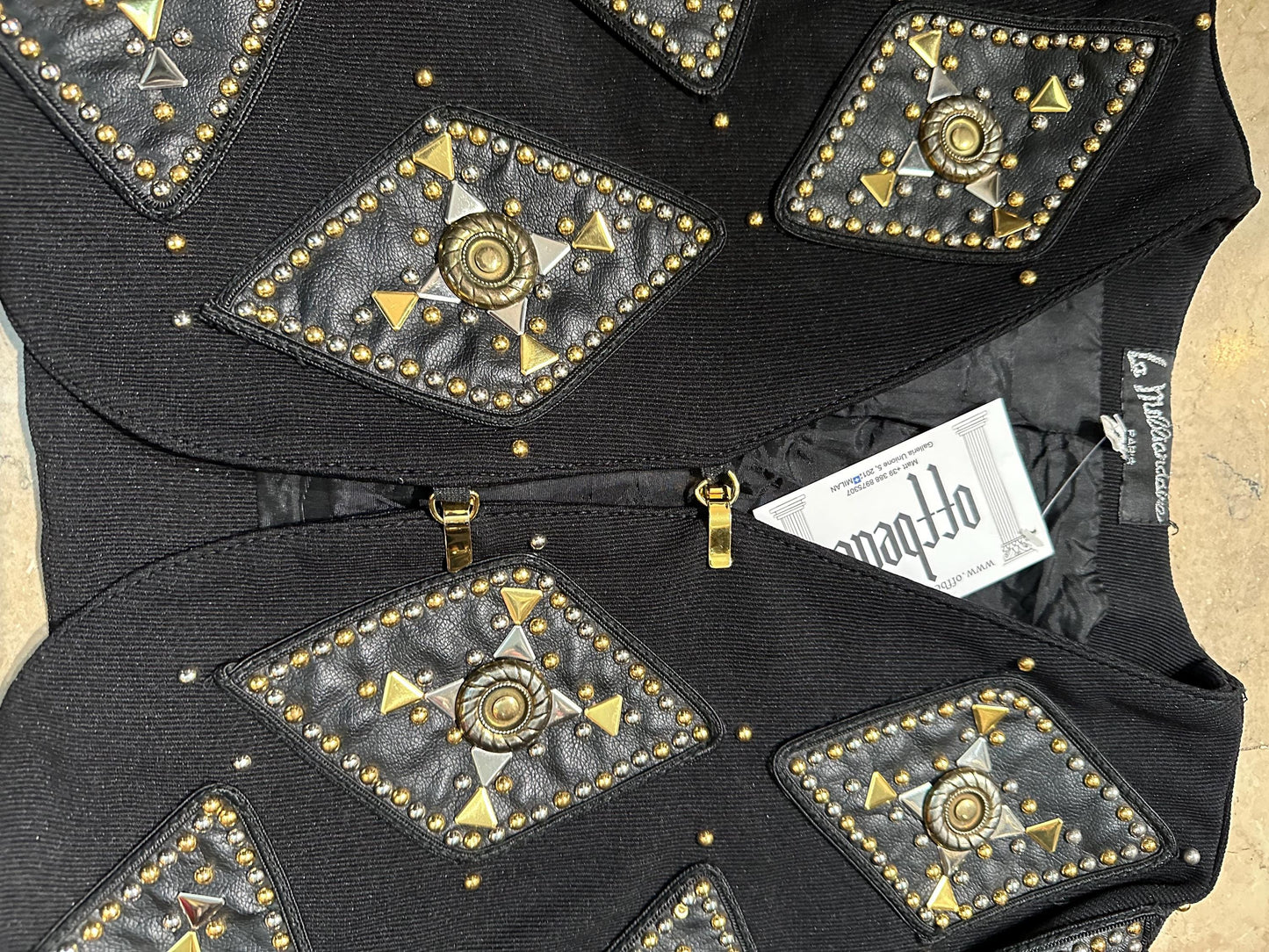 80s Paris couture set bolero and trousers in cotton/elast fully adorned w leather patches, studs & conchos, sz S/ 1