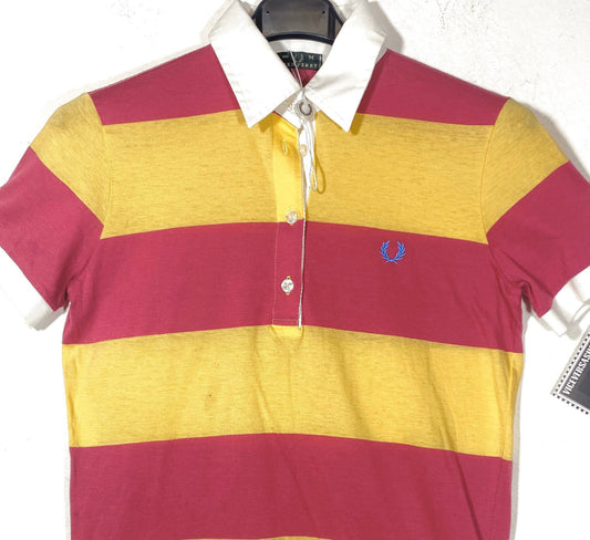 Fred Perry vintage cherry / mustard striped cotton jersey rugby style ladies slim polo shirt size M, new with tags