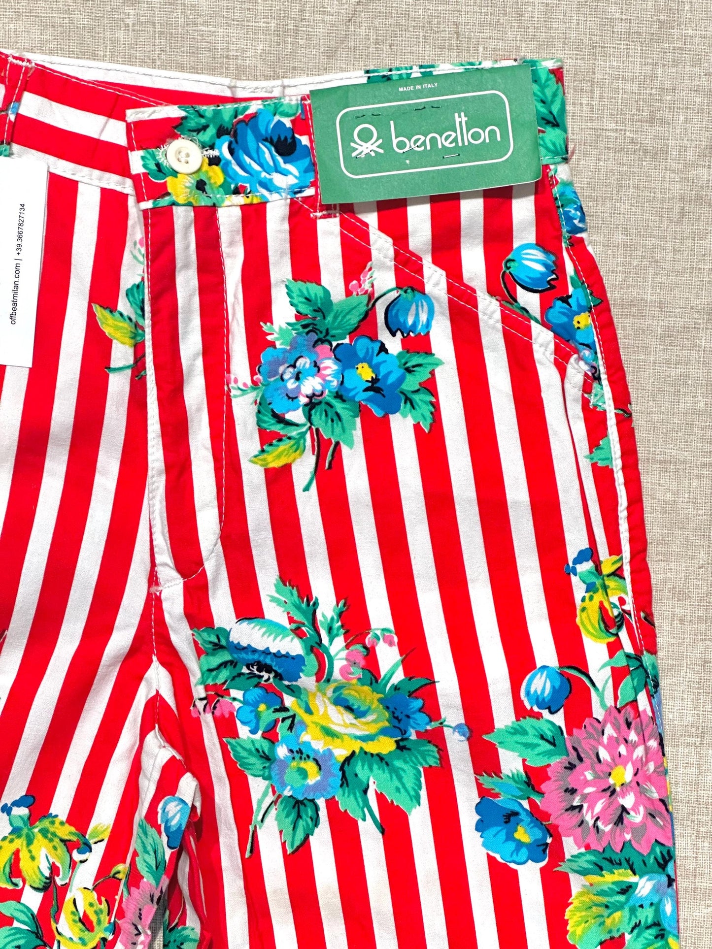 Benetton 80s striped cotton pants with flowers BNWT