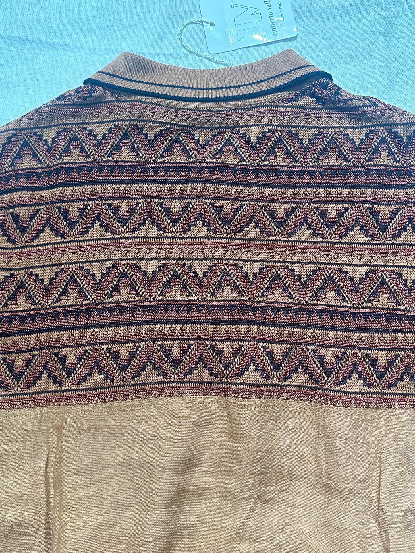 U.Vallati finest linen- Cotton knit polo shirt w Mexican embroidery, NOS 80s Italy