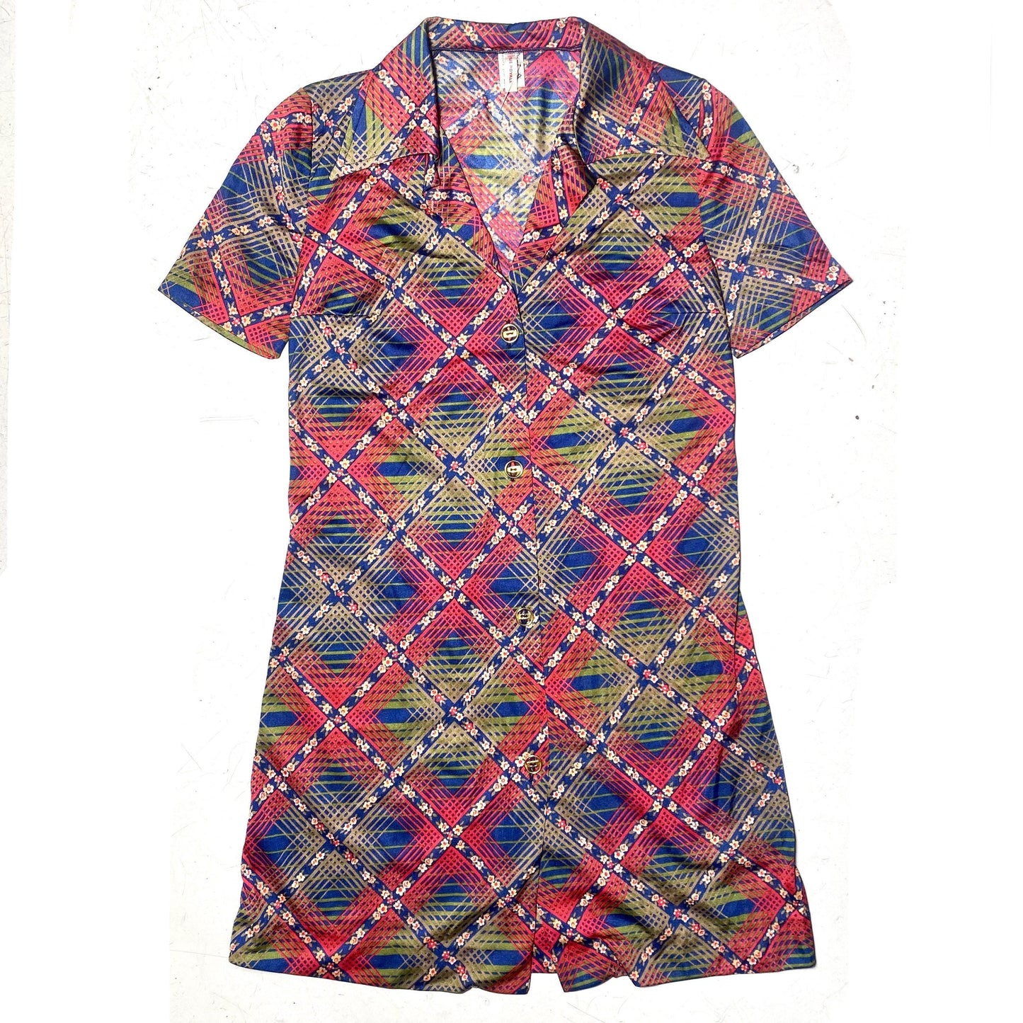 Diana 1970s mini shirt dress, red/blue/green checks & lil’ flowers allover, new old stock