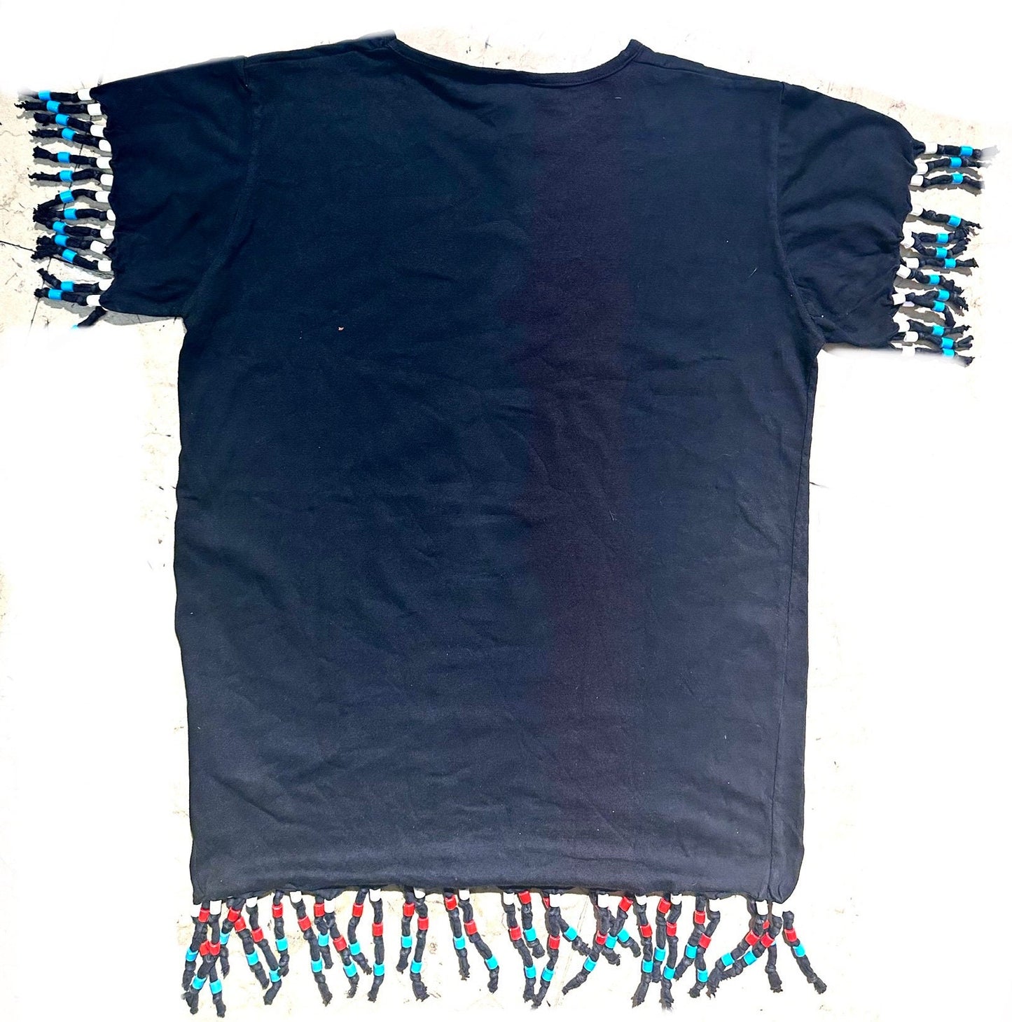 Kenya “land of sunshine” Masai, zebra, Lion & Kilimanjaro” souvenir t-shirt customized by hand beaded fringes, mint