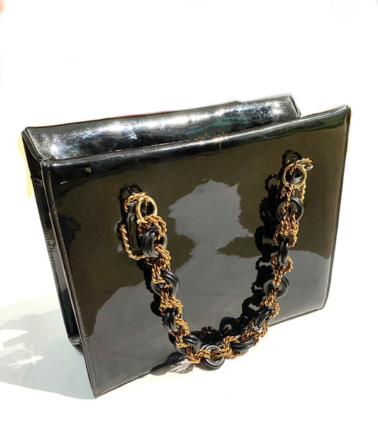 Lester Bag NY 50s black patent bag w sculpted brass closure and black/gold chain, great condition, gorgeous