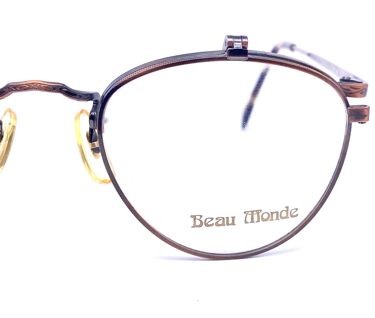 Beau Monde Yorkshire round antiqued copper flip-up eyeglasses frames, super hip piece made in Japan 80s NOS