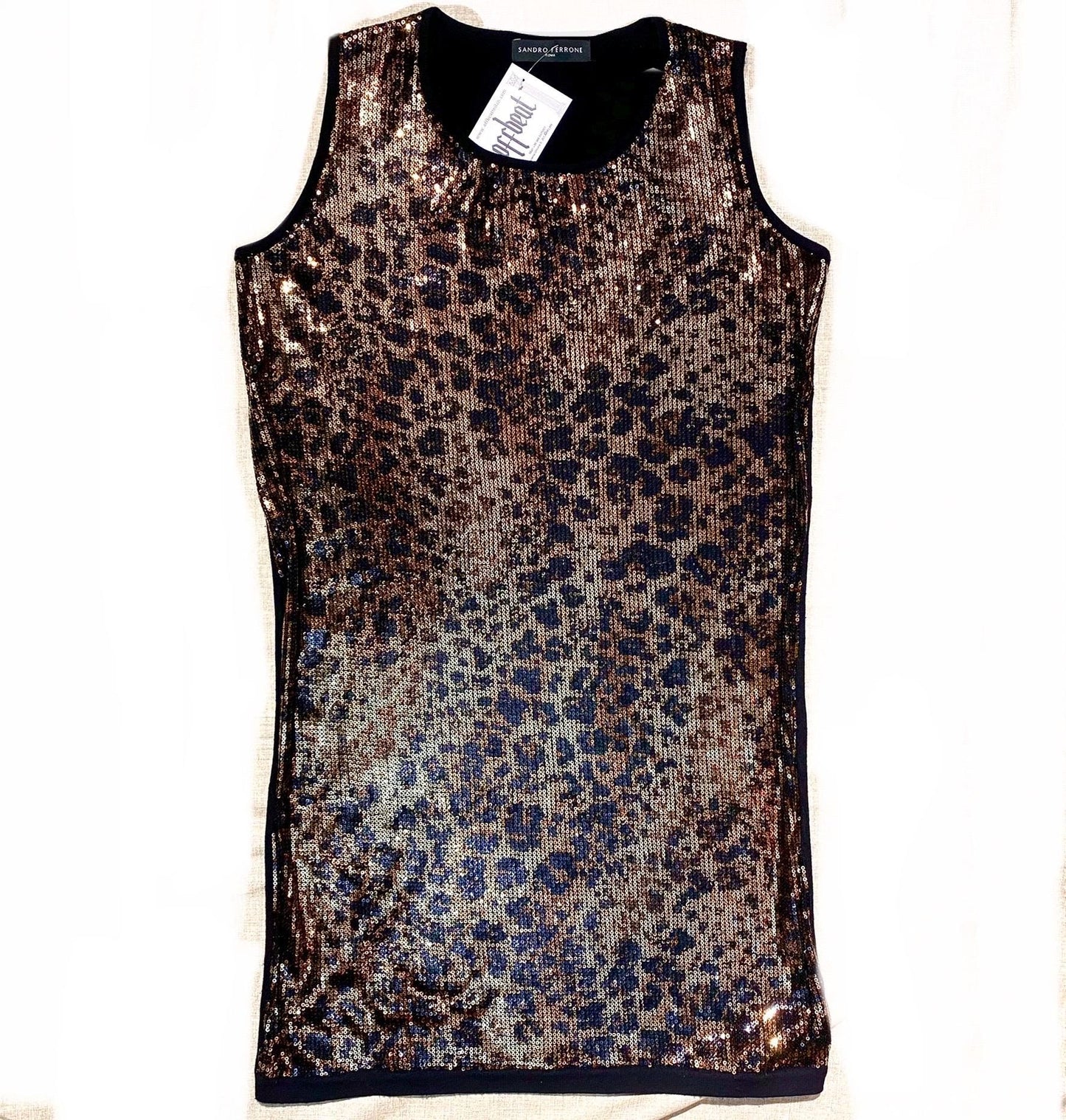 Sandro Ferrone golden leopard sequinned long vest/ knitted tank pullover, sz M mint