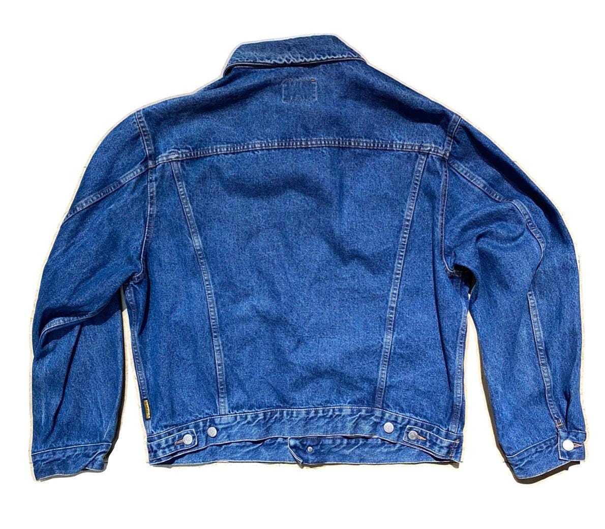 Armani Jeans classic indigo denim trucker w big embossed logo buttons, sz L, looks as new